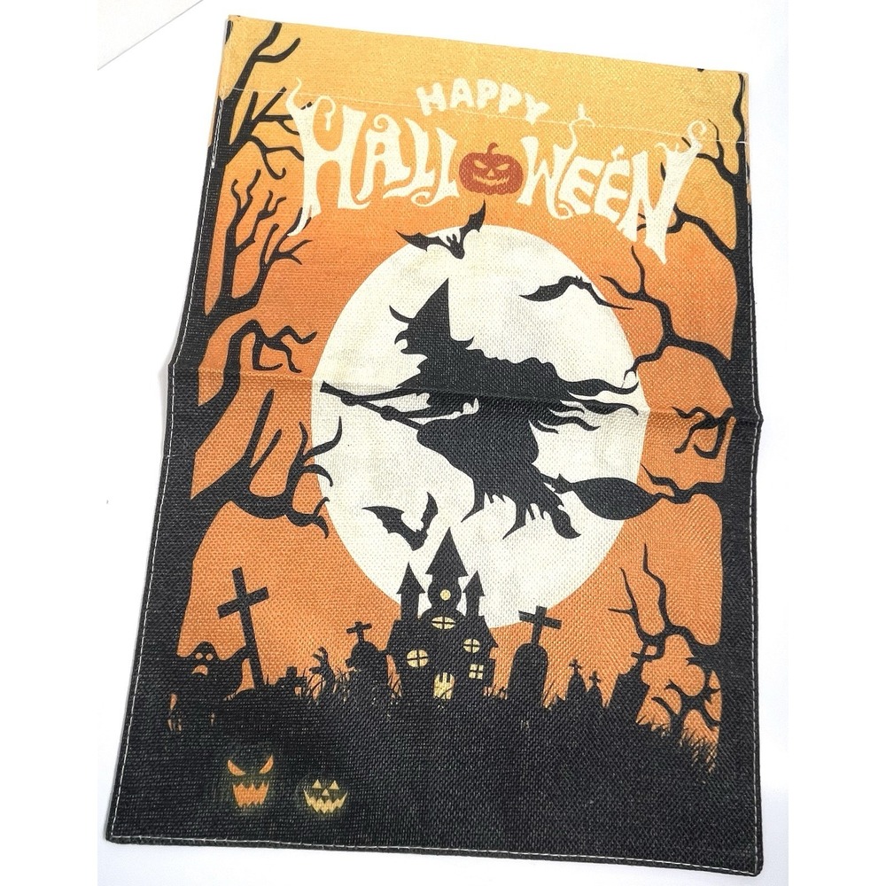 Halloween Garden Flag 12x18 Double-Sided Witch Haunted House Graveyard Pumpkins